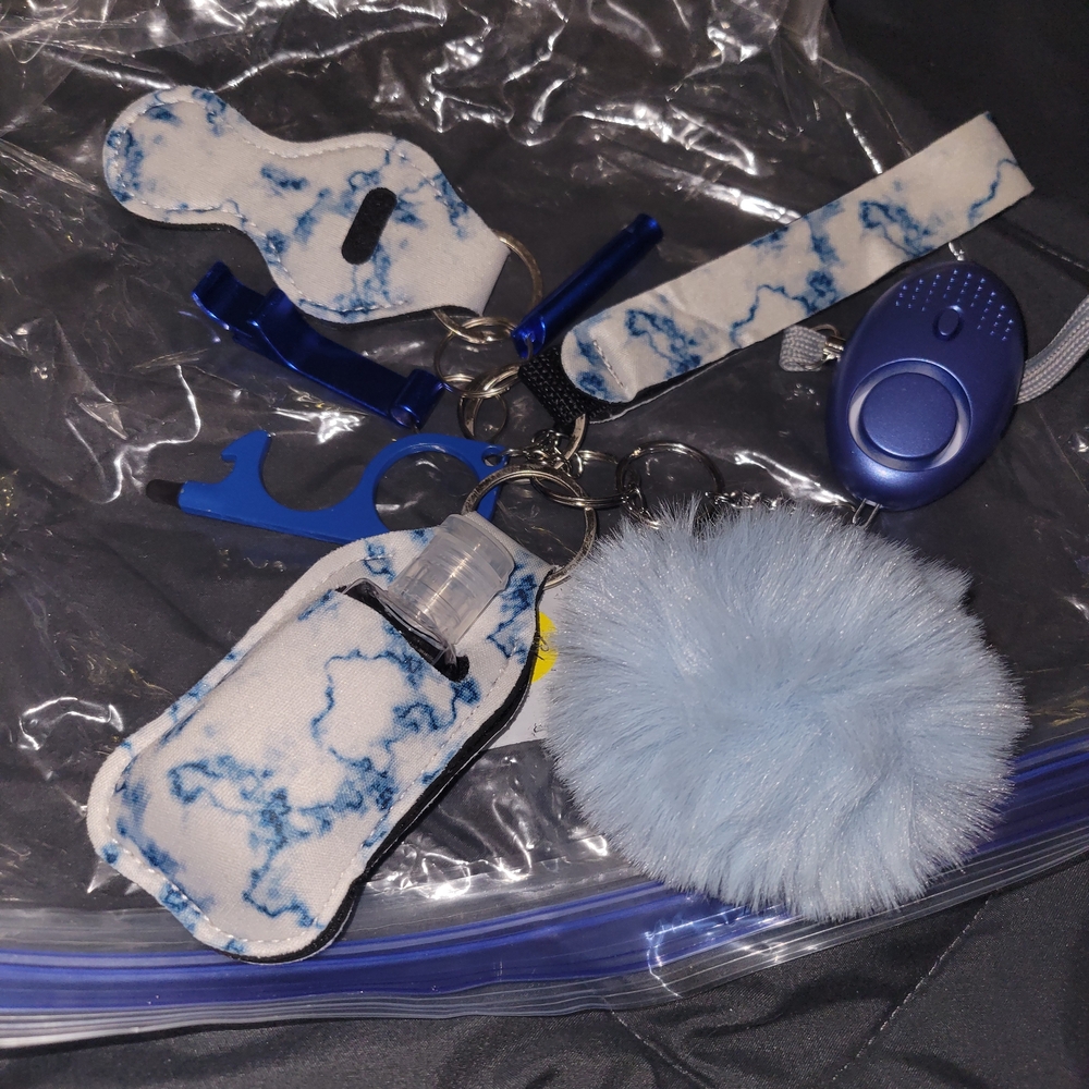 Marble Blue Keychain Set with Fluffy Pom Pom